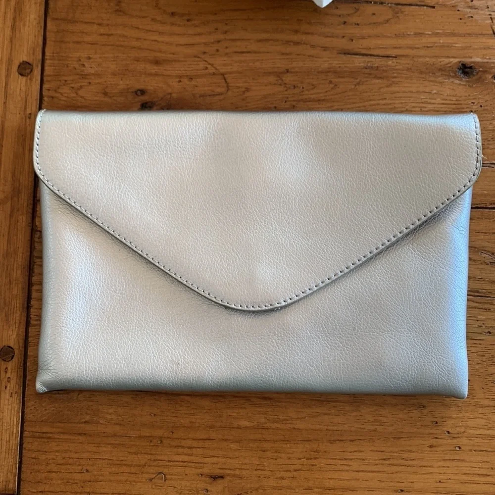 J. Crew Envelope Clutch Bag Convertible Shoulder Chain Silver Metallic Leather